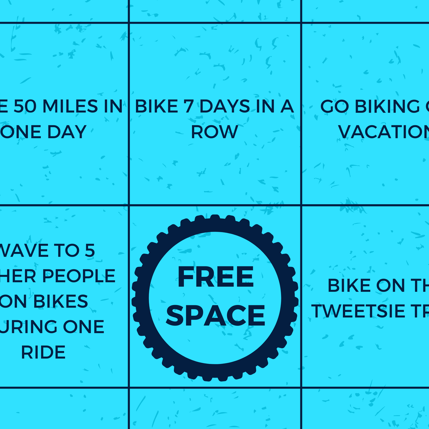 A bicycle-themed bingo card. Navy text on an aqua background.